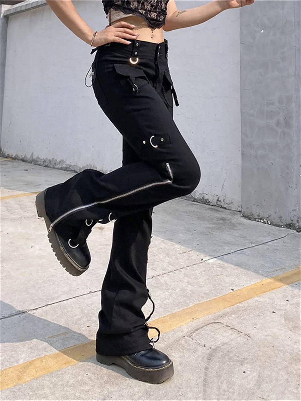 Punk Rivets Zipper Black Cargo Pants Y2k Techwear Leggings Pants
