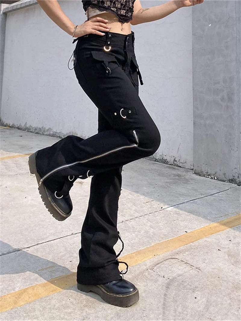 Punk Rivets Zipper Black Cargo Pants Y2k Techwear Leggings Pants