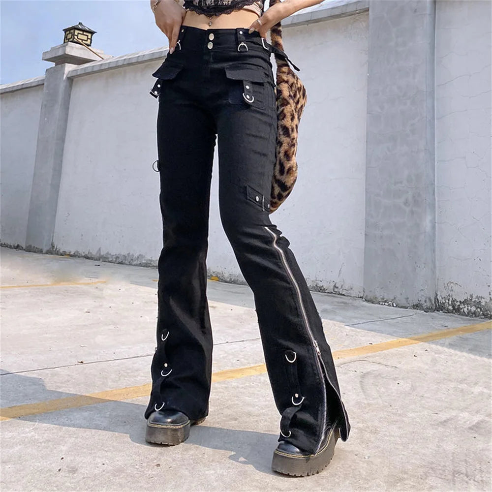 Punk Rivets Zipper Black Cargo Pants Y2k Techwear Leggings Pants