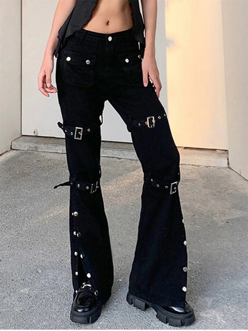 Punk Rivets Zipper Black Cargo Pants Y2k Techwear Leggings Pants