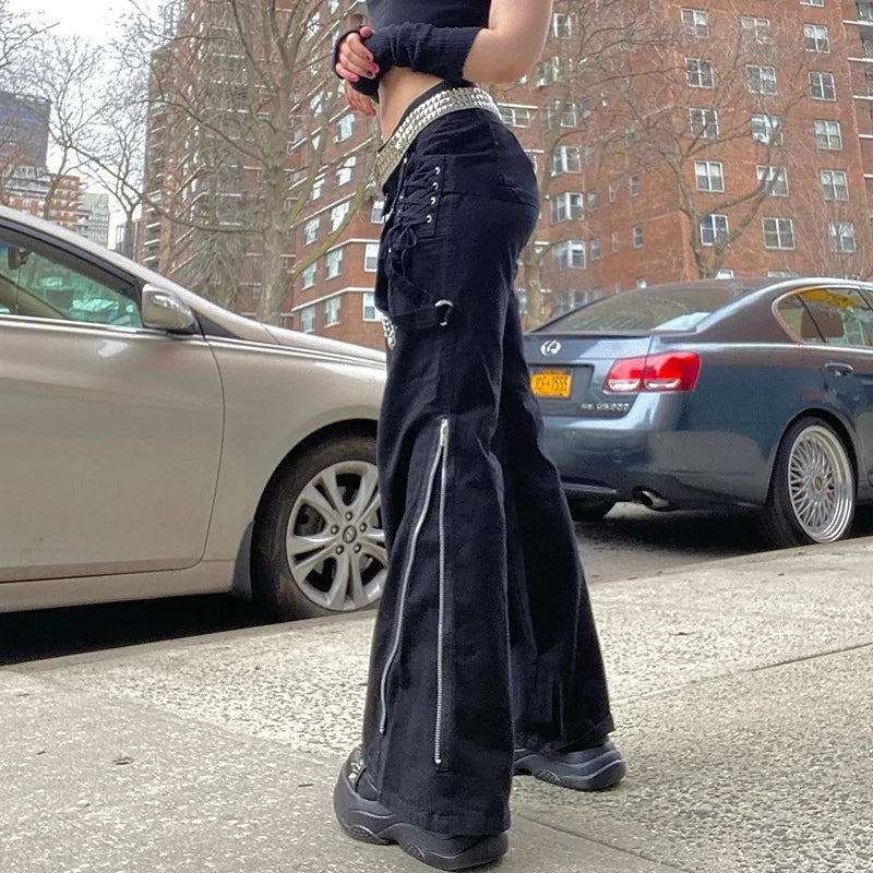 Punk Rivets Zipper Black Cargo Pants Y2k Techwear Leggings Pants
