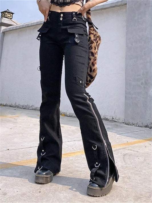 Punk Rivets Zipper Black Cargo Pants Y2k Techwear Leggings Pants