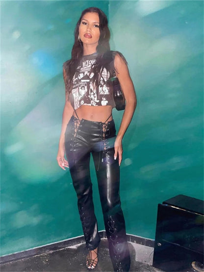 Punk Y2k Bandage Faux Leather Cyber Grunge Fairycore Patchwork Slim Pants