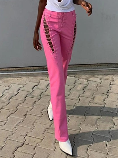 Punk Y2k Bandage Faux Leather Cyber Grunge Fairycore Patchwork Slim Pants