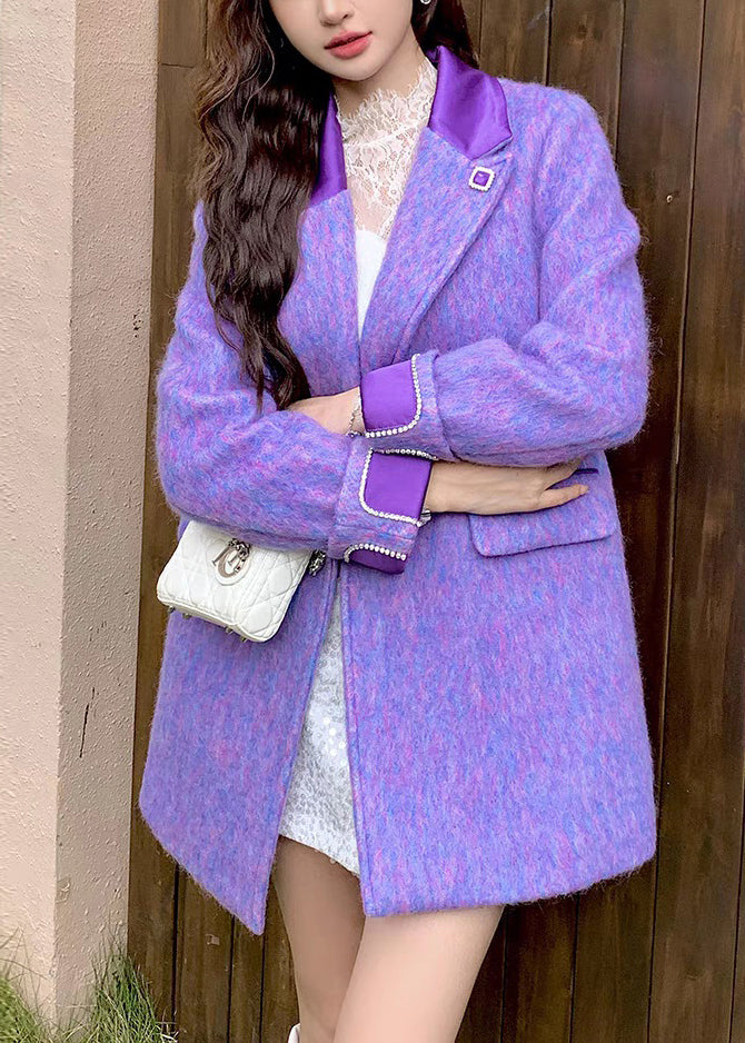 Purple Button Pockets Woolen Coat Peter Pan Collar Winter Wm014