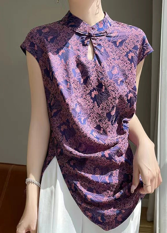 Purple Button Print Silk Blouses Stand Collar Short Sleeve Ab1006