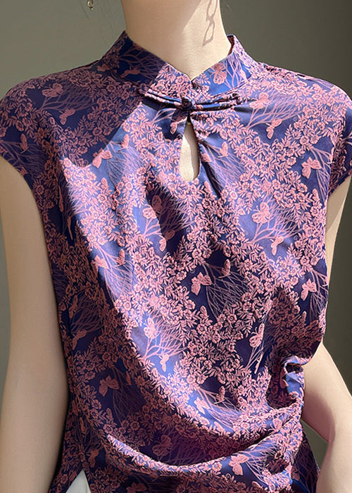Purple Button Print Silk Blouses Stand Collar Short Sleeve Ab1006