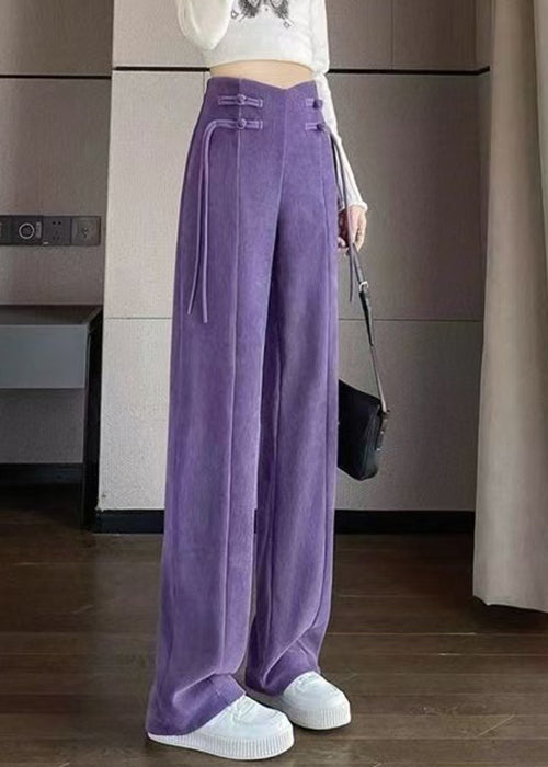 Purple Button Corduroy Pants Elastic Waist Spring Rz011