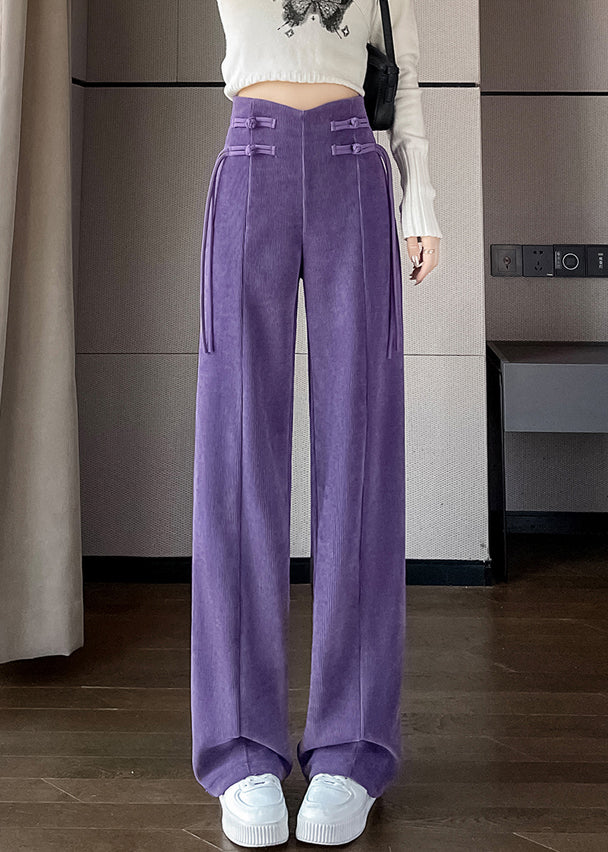Purple Button Corduroy Pants Elastic Waist Spring Rz011