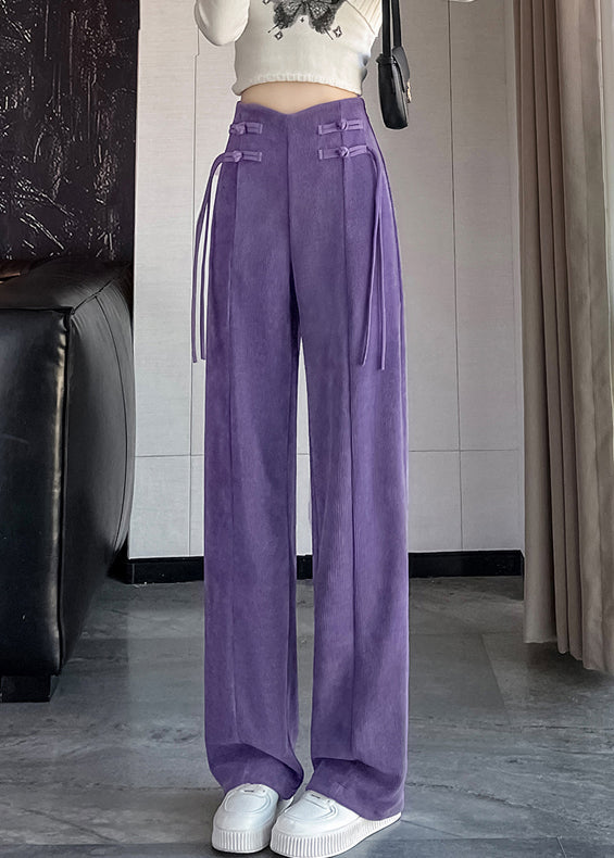 Purple Button Corduroy Pants Elastic Waist Spring Rz011