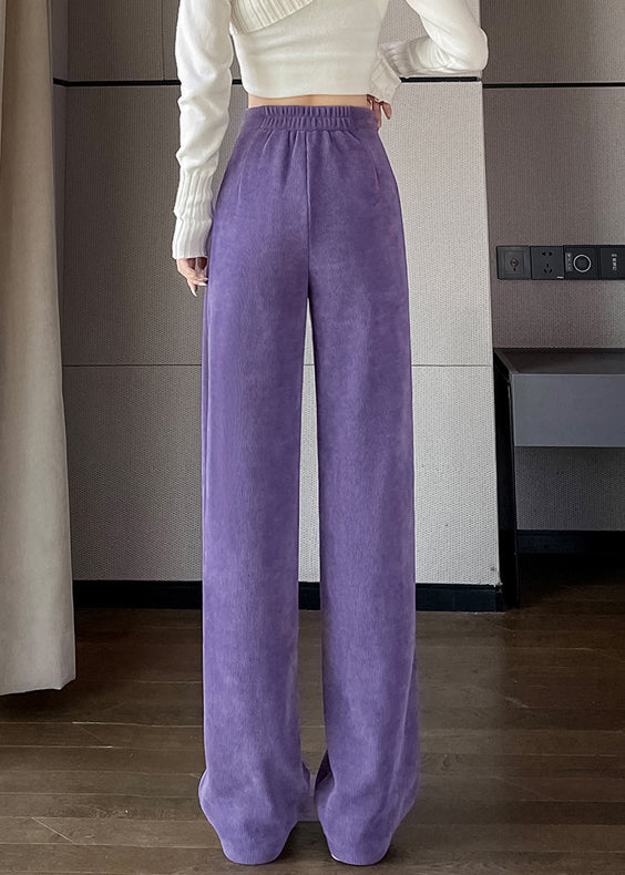 Purple Button Corduroy Pants Elastic Waist Spring Rz011