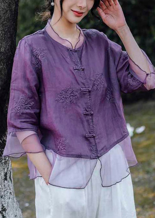 Purple Button Tulle Patchwork Blouses Embroidered Summer Vv098