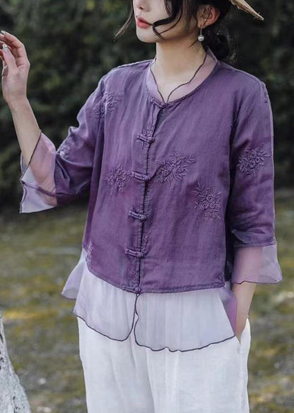 Purple Button Tulle Patchwork Blouses Embroidered Summer Vv098