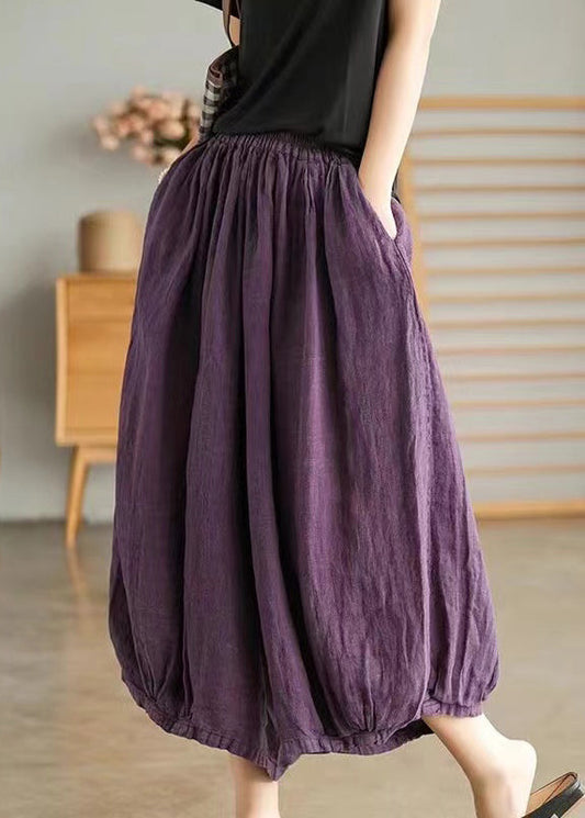 Purple Elastic Waist Linen Wide Leg Pants Vv097