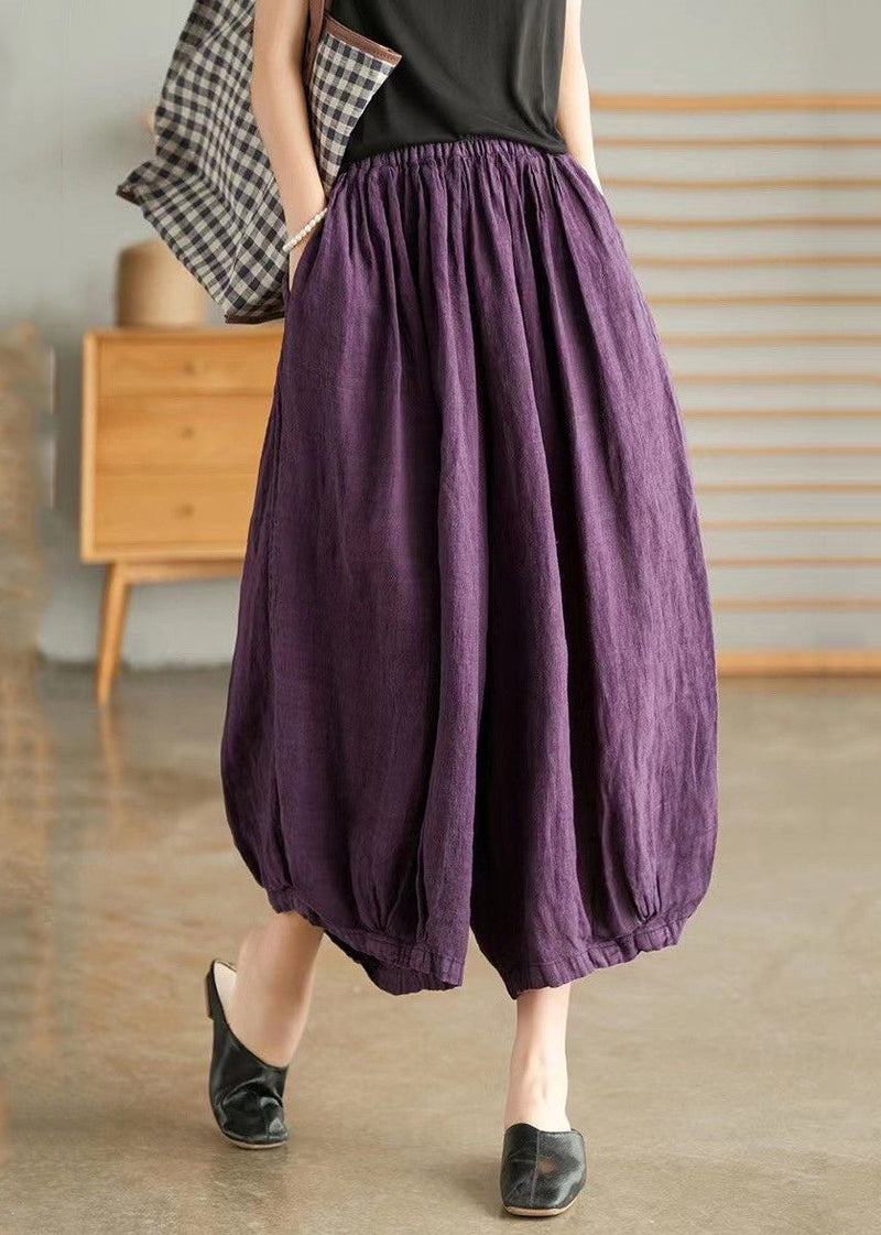 Purple Elastic Waist Linen Wide Leg Pants Vv097