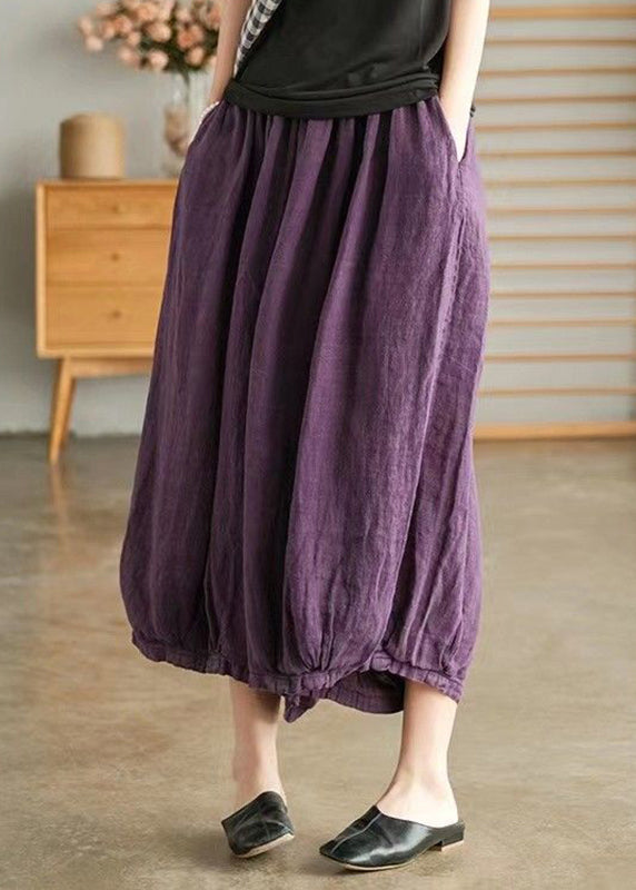 Purple Elastic Waist Linen Wide Leg Pants Vv097