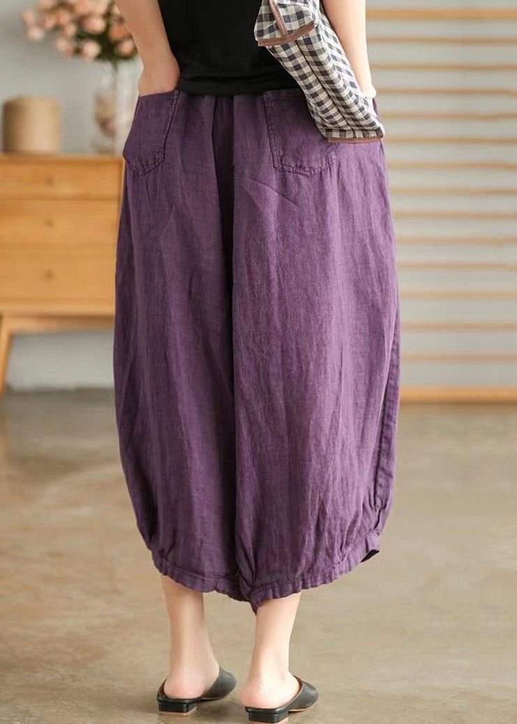 Purple Elastic Waist Linen Wide Leg Pants Vv097