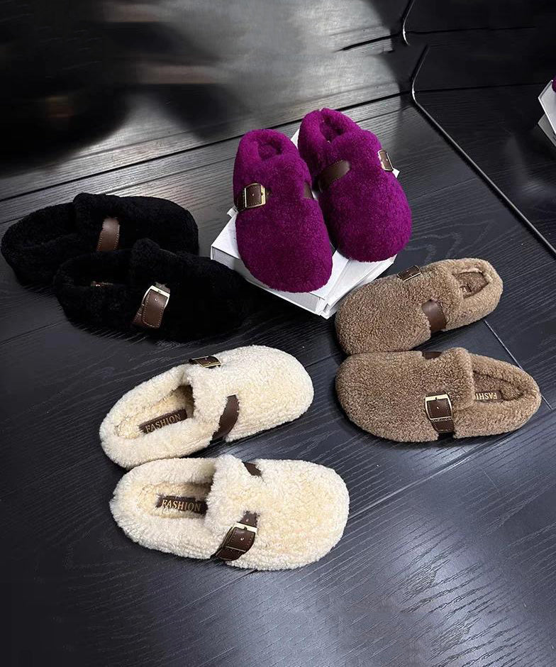 Purple Faux Fur Warm Slippers Shoes Stylish Splicing Tq041