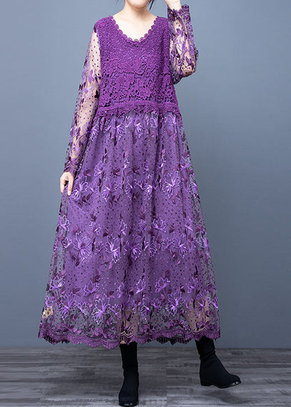Purple Hollow Out Lace Patchwork Maxi Dresses O Neck Spring Ly0017