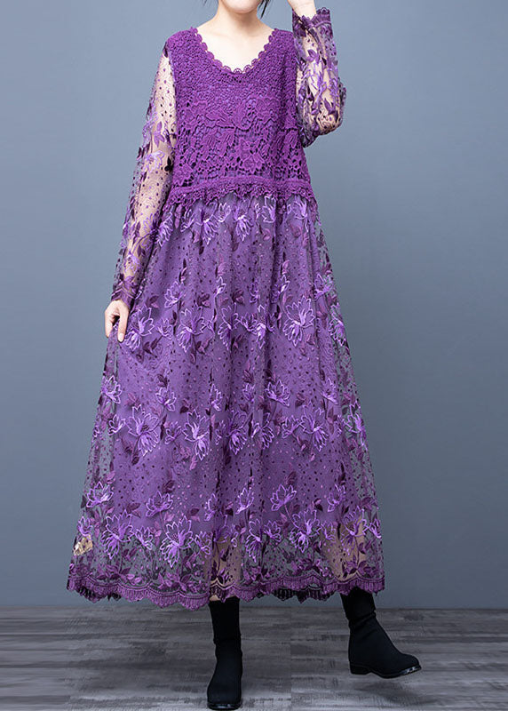 Purple Hollow Out Lace Patchwork Maxi Dresses O Neck Spring Ly0017