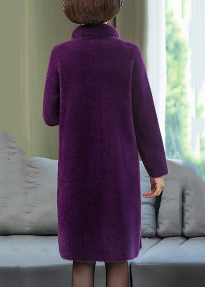 Purple Mink Velvet Long Coats Print Button Spring Ta032