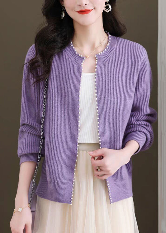 Purple Nail Bead Knit Fall Cardigan O Neck Qi006