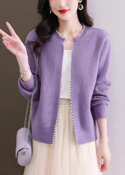 Purple Nail Bead Knit Fall Cardigan O Neck Qi006