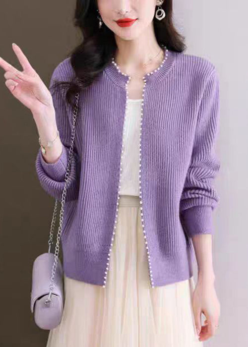 Purple Nail Bead Knit Fall Cardigan O Neck Qi006
