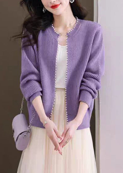 Purple Nail Bead Knit Fall Cardigan O Neck Qi006