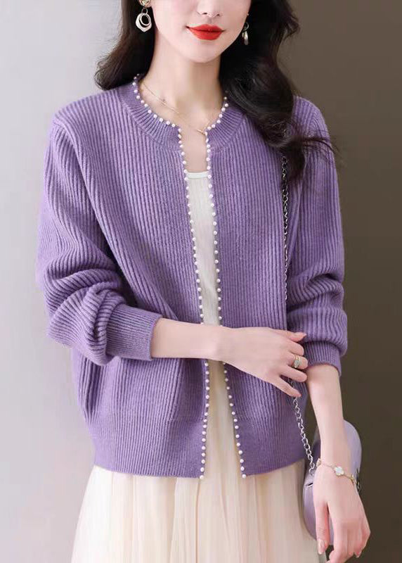 Purple Nail Bead Knit Fall Cardigan O Neck Qi006