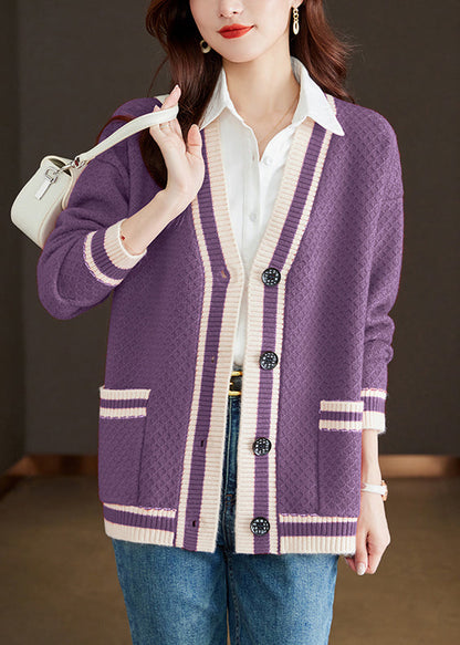 Purple Pockets Cozy Patchwork Knit Fall Cardigan V Neck Qs024