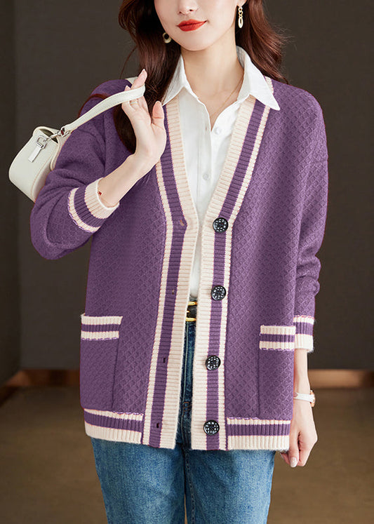 Purple Pockets Cozy Patchwork Knit Fall Cardigan V Neck Qs024
