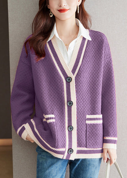 Purple Pockets Cozy Patchwork Knit Fall Cardigan V Neck Qs024