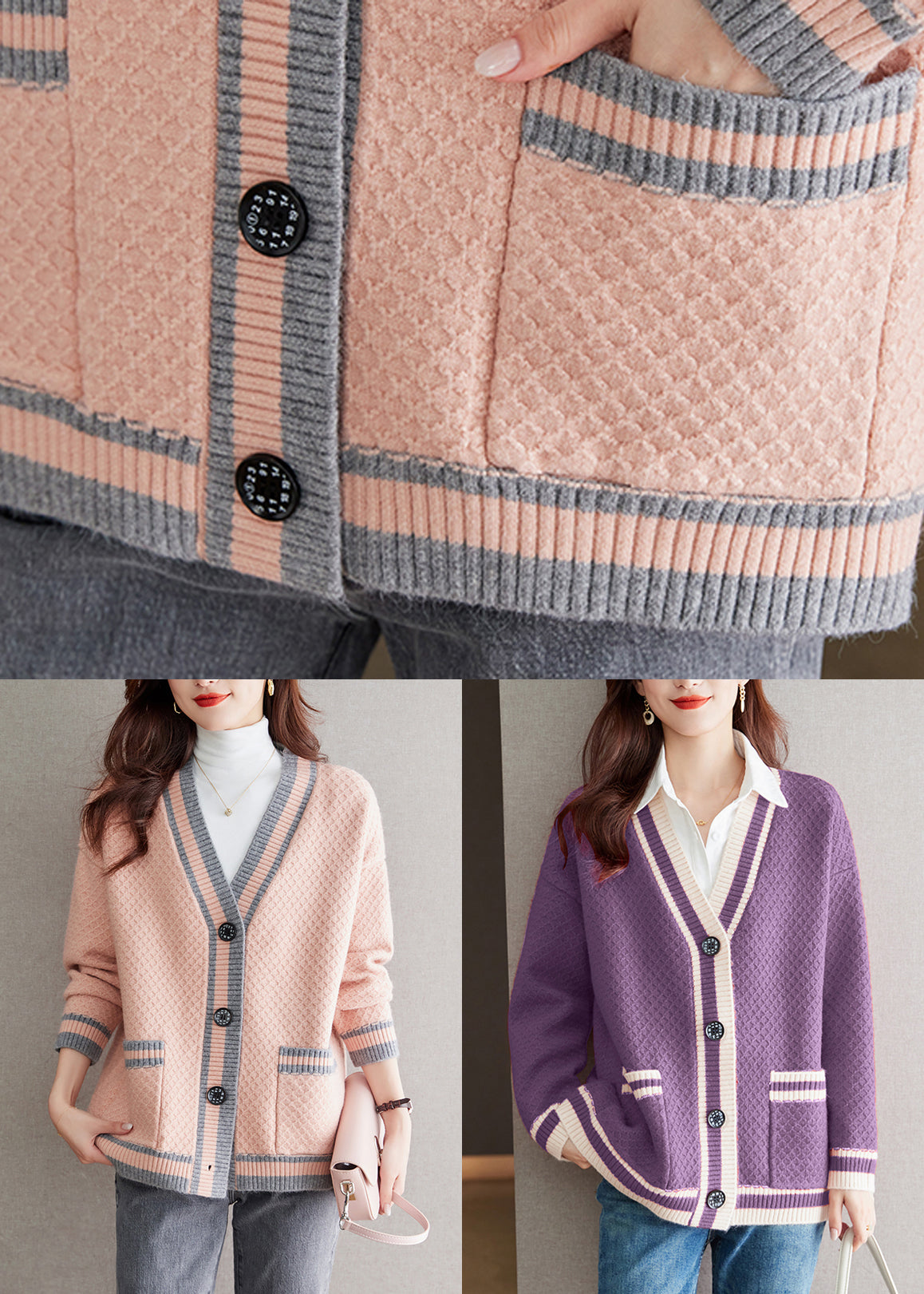 Purple Pockets Cozy Patchwork Knit Fall Cardigan V Neck Qs024