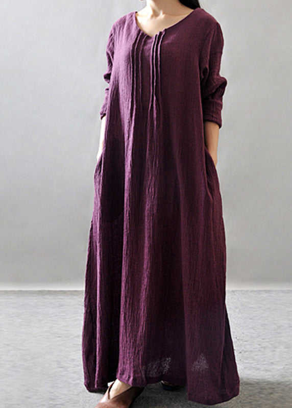 Purple Pockets Maxi Dresses Long Sleeve Vv029