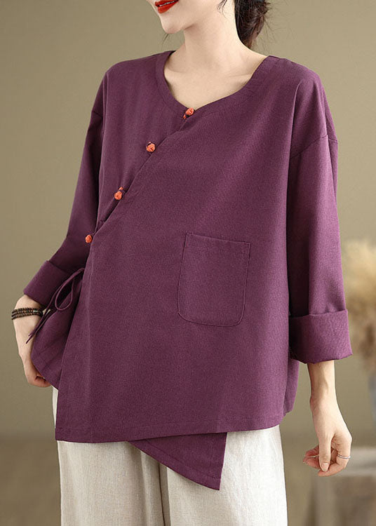 Purple Pockets Patchwork Cotton Blouses O Neck Lace Up Spring Tj011