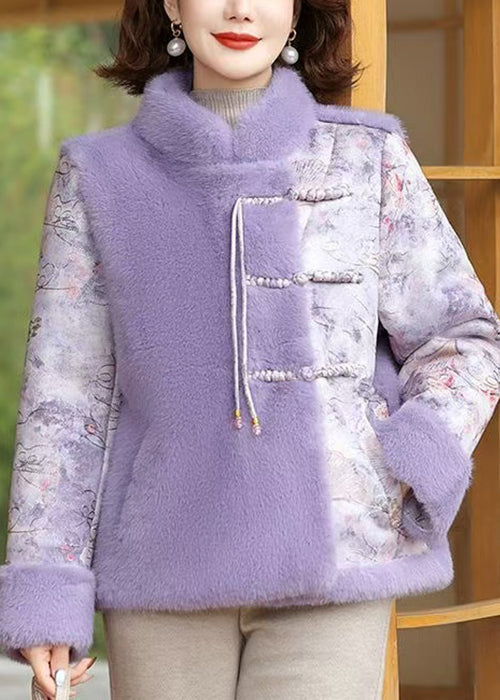Purple Pockets Patchwork Mink Velvet Coat Stand Collar Winter Rz027