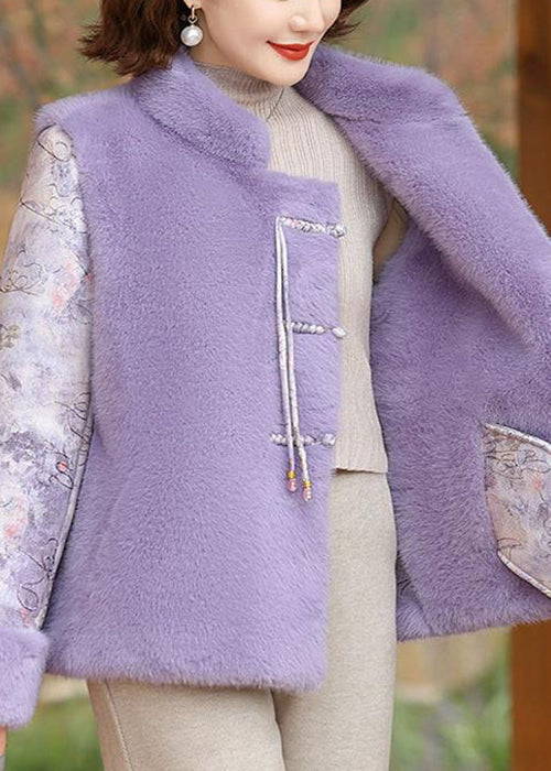Purple Pockets Patchwork Mink Velvet Coat Stand Collar Winter Rz027