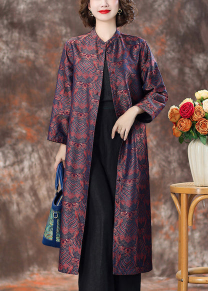Purple Pockets Silk Coats Stand Collar Long Sleeve Aa1007