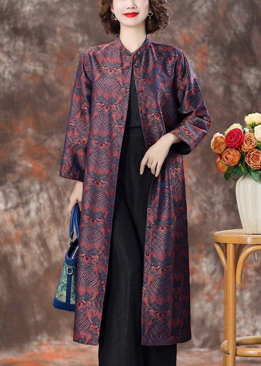 Purple Pockets Silk Coats Stand Collar Long Sleeve Aa1007