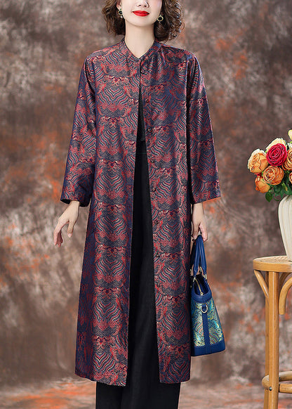 Purple Pockets Silk Coats Stand Collar Long Sleeve Aa1007