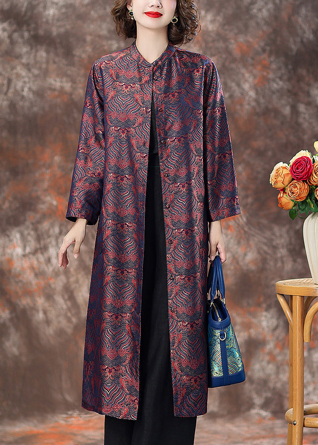 Purple Pockets Silk Coats Stand Collar Long Sleeve Aa1007