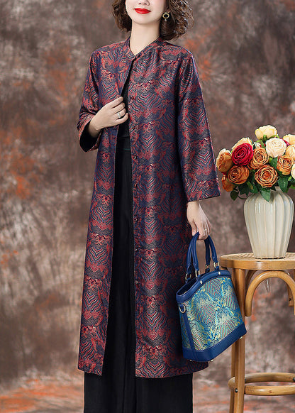 Purple Pockets Silk Coats Stand Collar Long Sleeve Aa1007