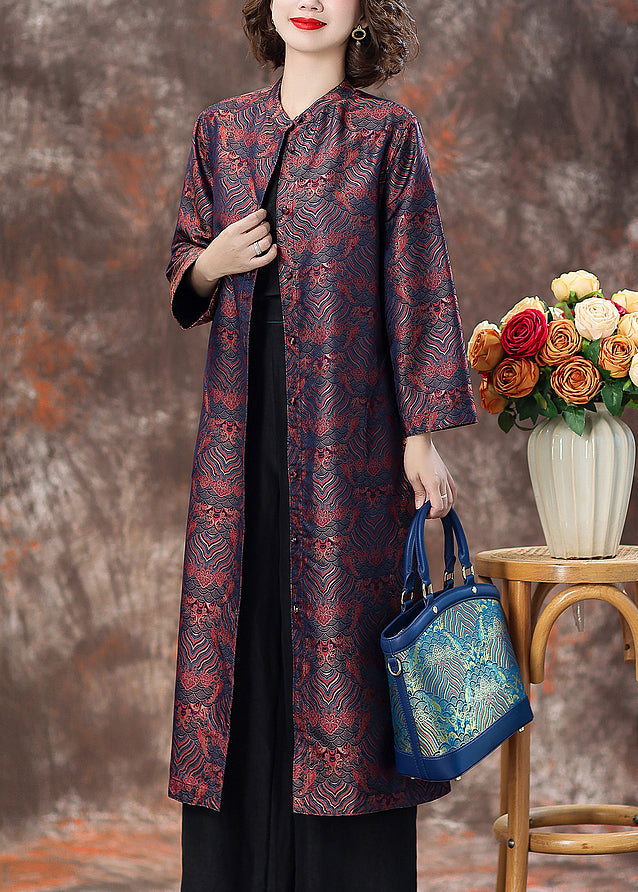 Purple Pockets Silk Coats Stand Collar Long Sleeve Aa1007
