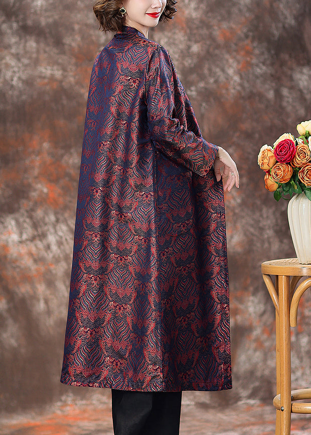 Purple Pockets Silk Coats Stand Collar Long Sleeve Aa1007