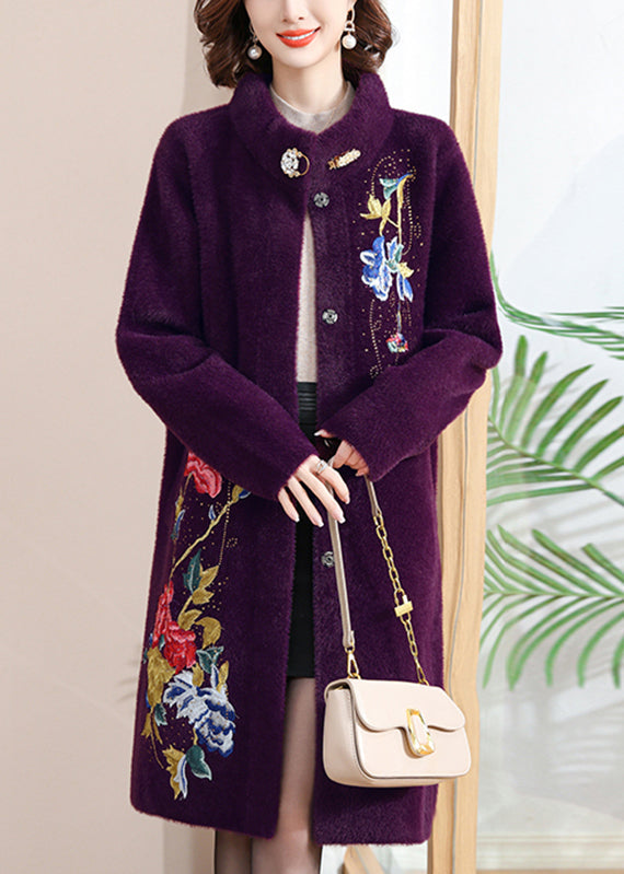 Purple Print Button Maxi Woolen Coats Spring Ta031