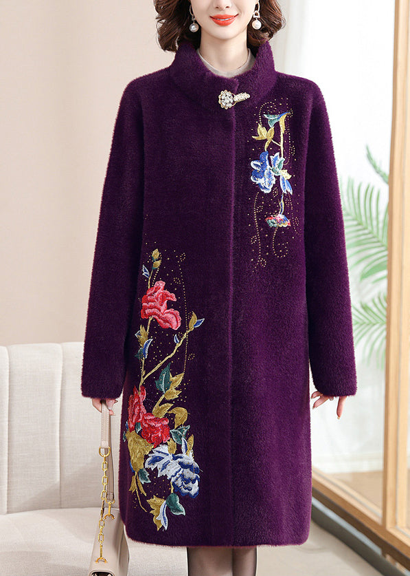Purple Print Button Maxi Woolen Coats Spring Ta031