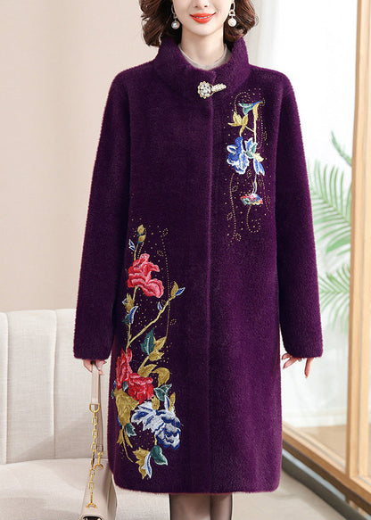 Purple Print Button Maxi Woolen Coats Spring Ta031