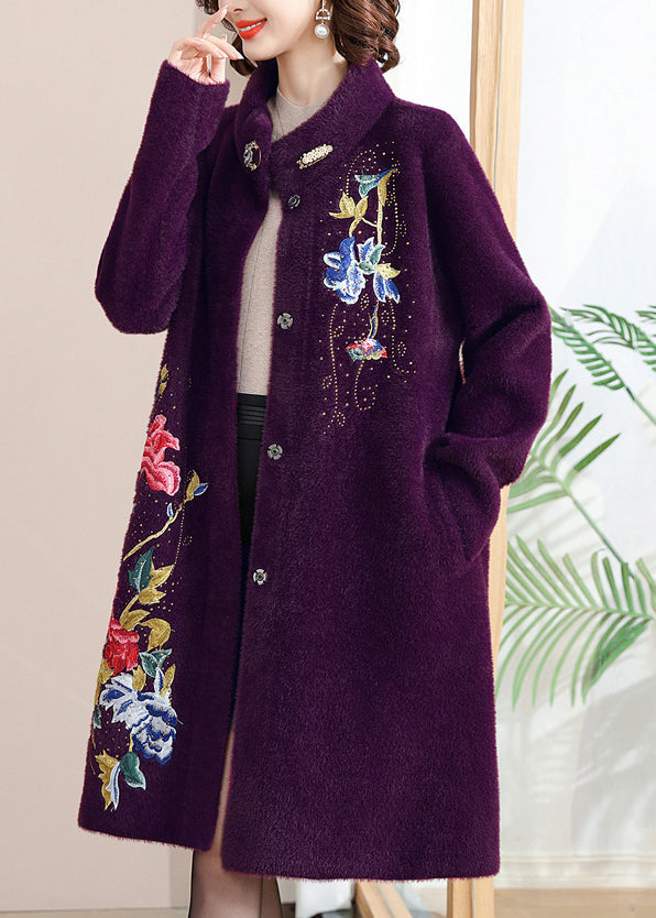 Purple Print Button Maxi Woolen Coats Spring Ta031