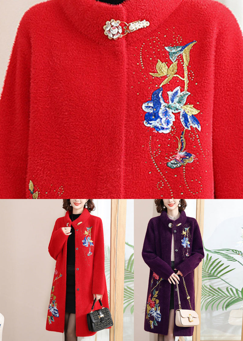 Purple Print Button Maxi Woolen Coats Spring Ta031